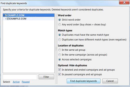 How to use AdWords Editor 11.2 to find duplicate keywords