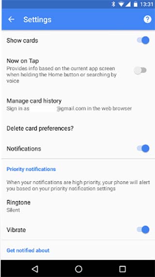 Settings for Google Now Cards