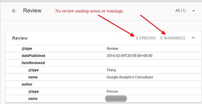 Review markup errors and warnings found in the Google Structured-Data Testing Tool