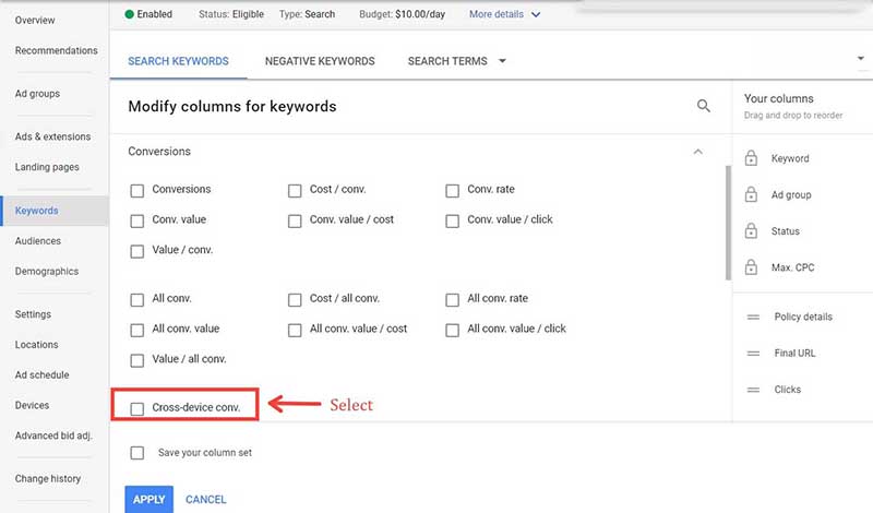 Column modification AdWords conversion tracking