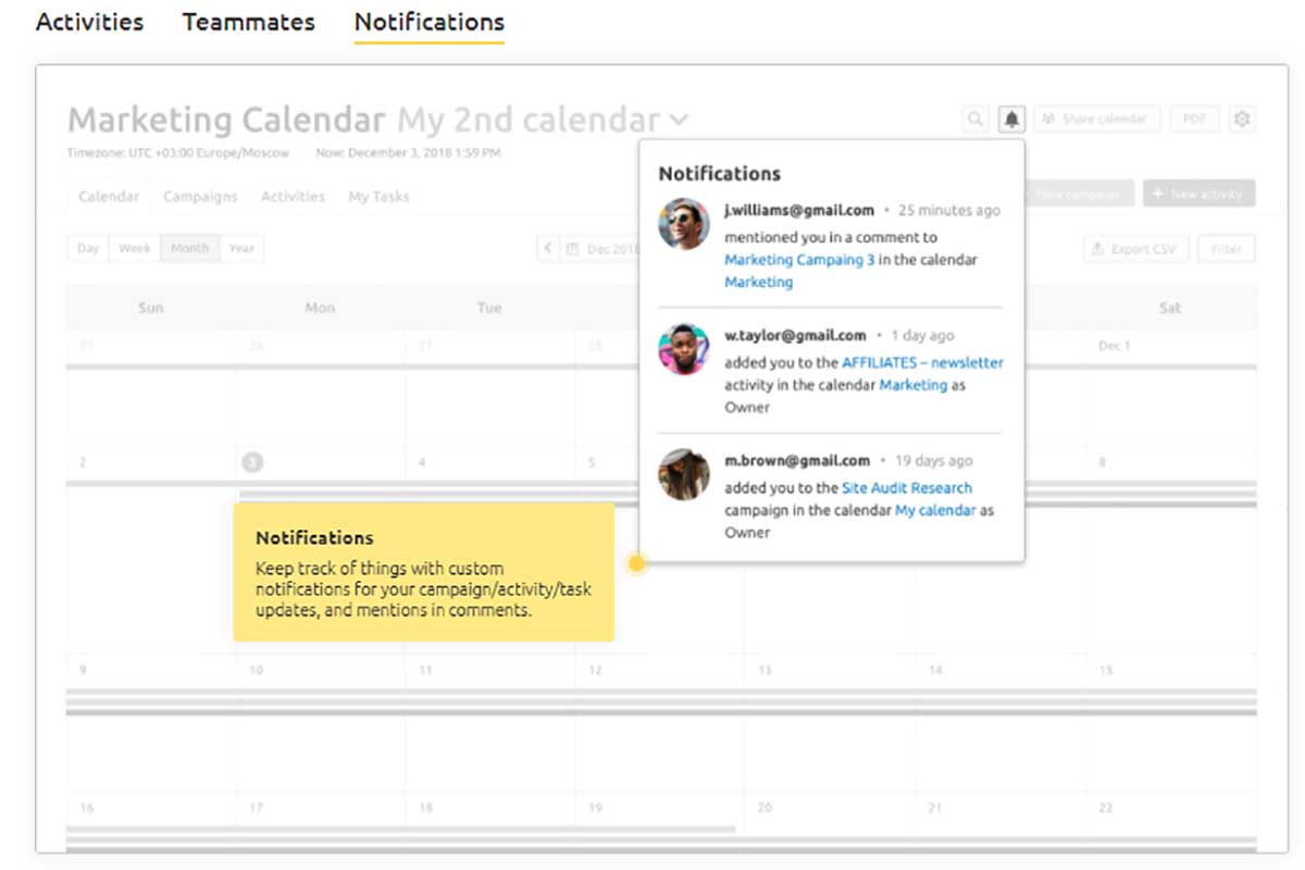 SEMrush Marketing Calendar to manage marketing activities