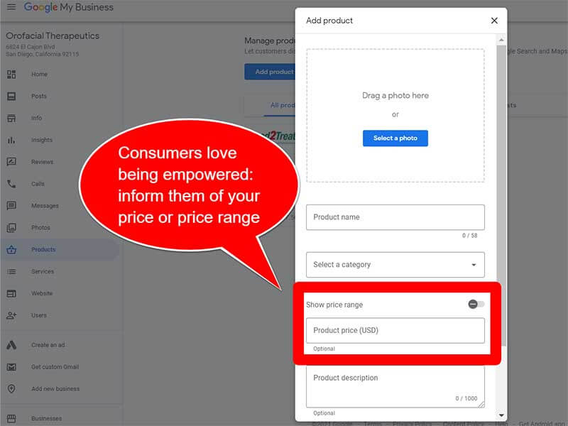 Add a price range or a fixed price to your products on Google My Business